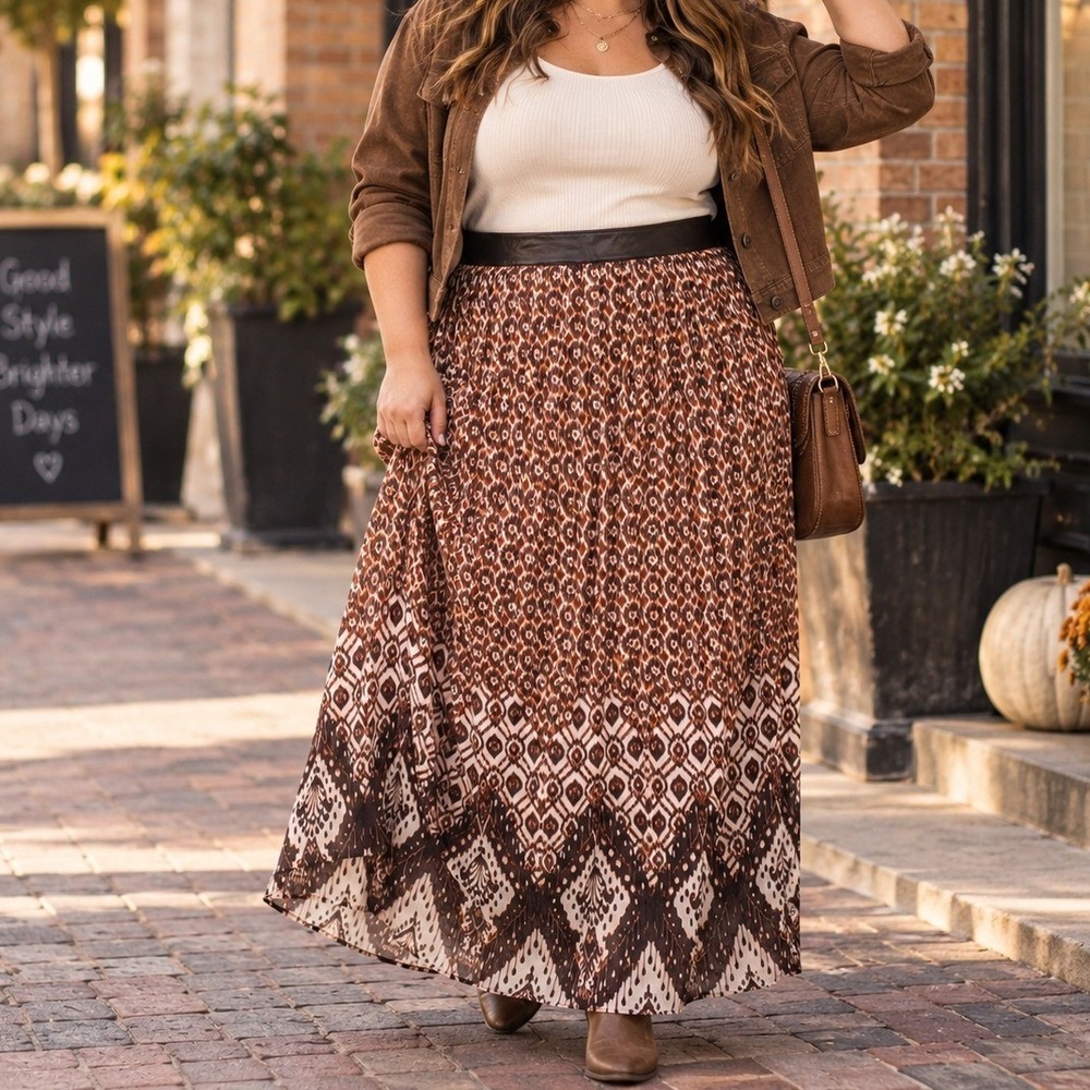 Cato Maxi Skirt Women 18W Brown Boho Print Faux Leather Waist Plus Size